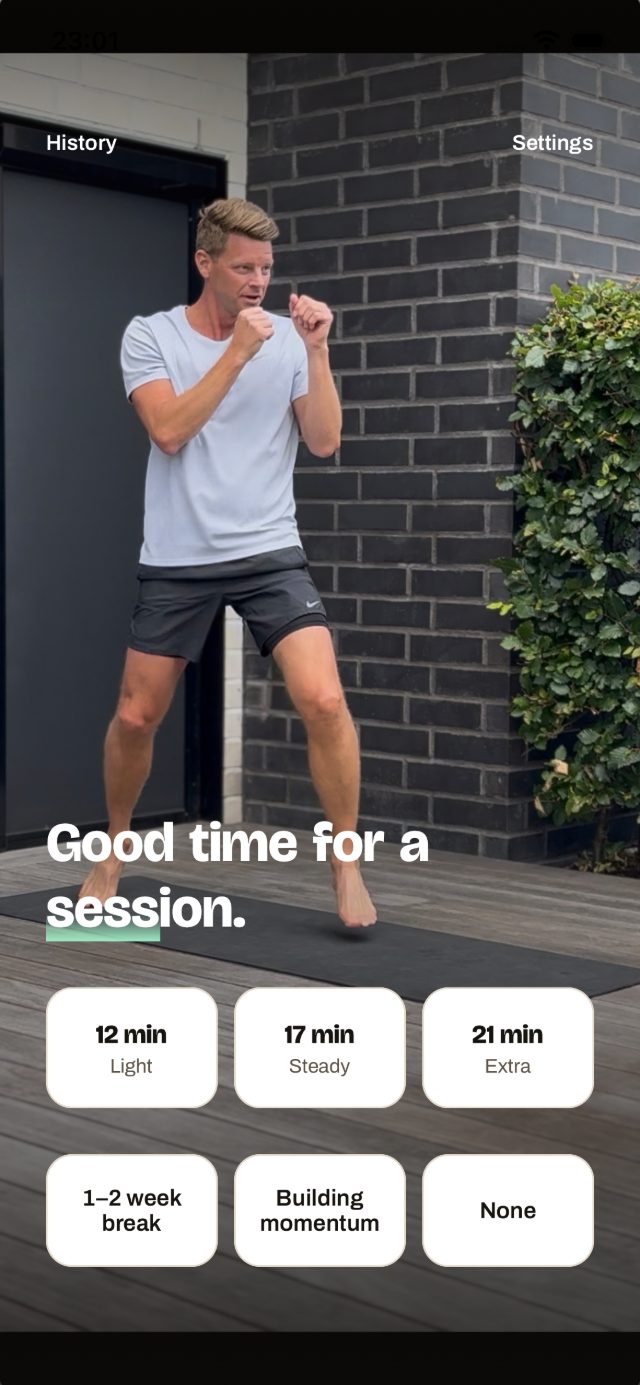 Oreuma home screen: Good time for a session, with 12, 17 and 21 minute options