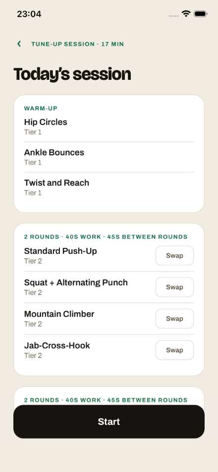 Today's session — a 17 minute tune-up with warm-up and two rounds